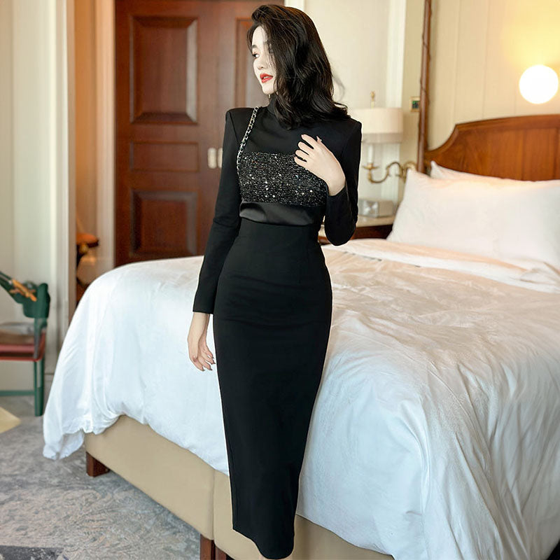 ボトルネックグリッターコンビペンシルワンピース