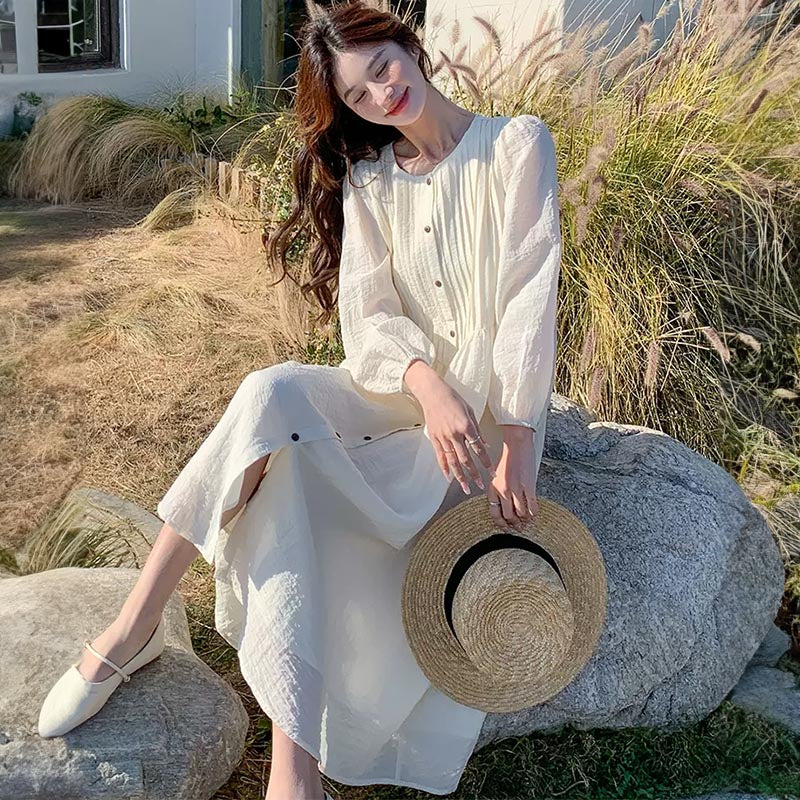 フロントボタンプリーツロングワンピース