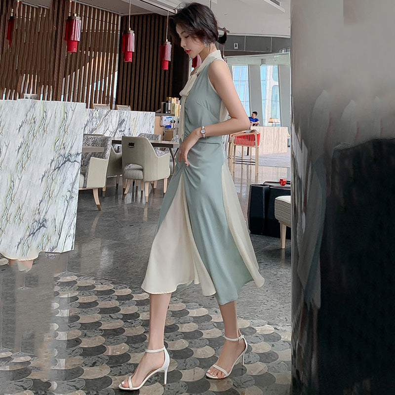 ボウタイフロントギャザーバイカラーワンピース