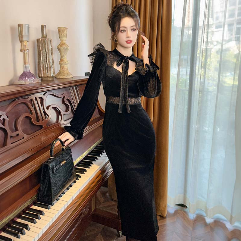 ウエストコンシャスボウタイベロアワンピース