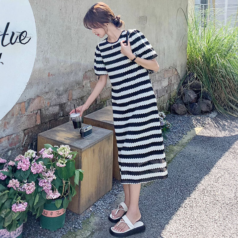 フレアスリーブギザギザボーダーマキシワンピース