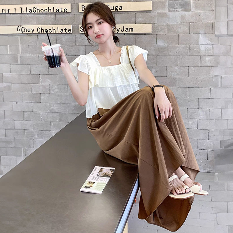 ラッフルスクエアネックバイカラーマキシワンピース