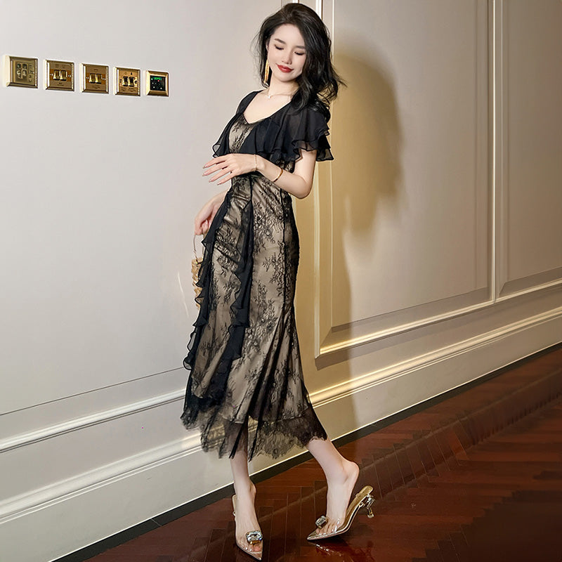 ラッフルケープコンビシアーレースマーメイドワンピース