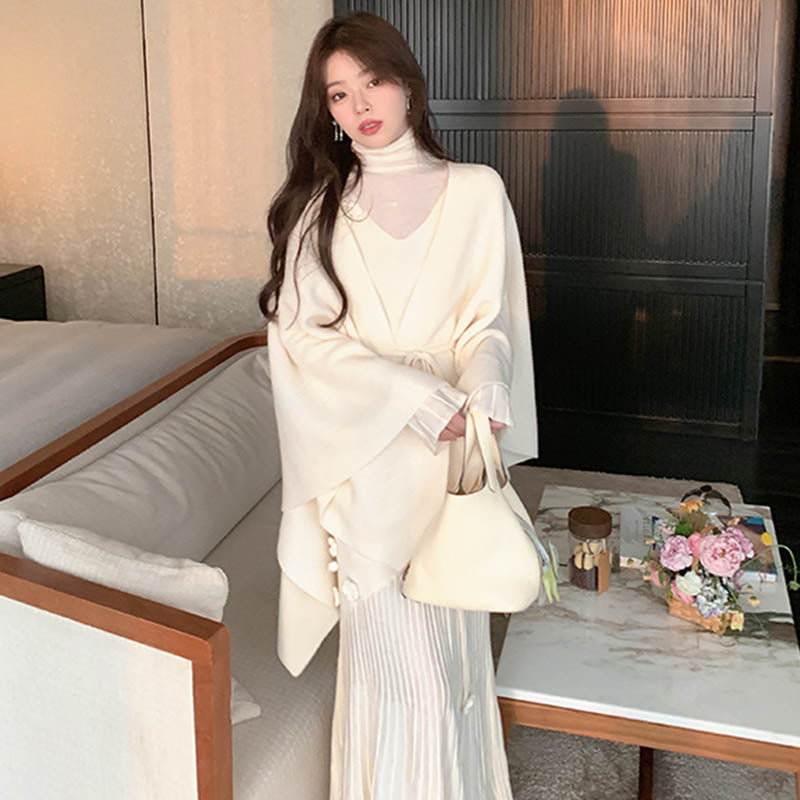 ウエストリボン付きポンチョニットカーディガン