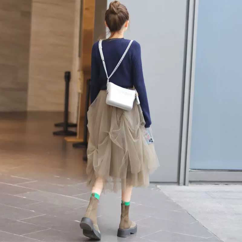 リブニットカーディガン×チュールスカート