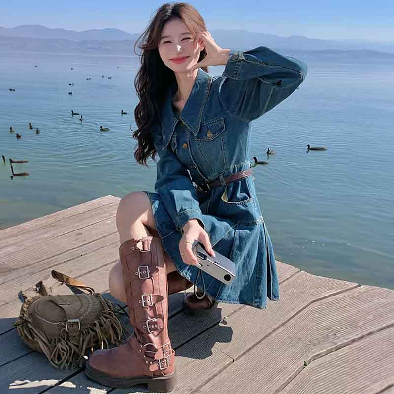 裾プリーツデニムワンピース