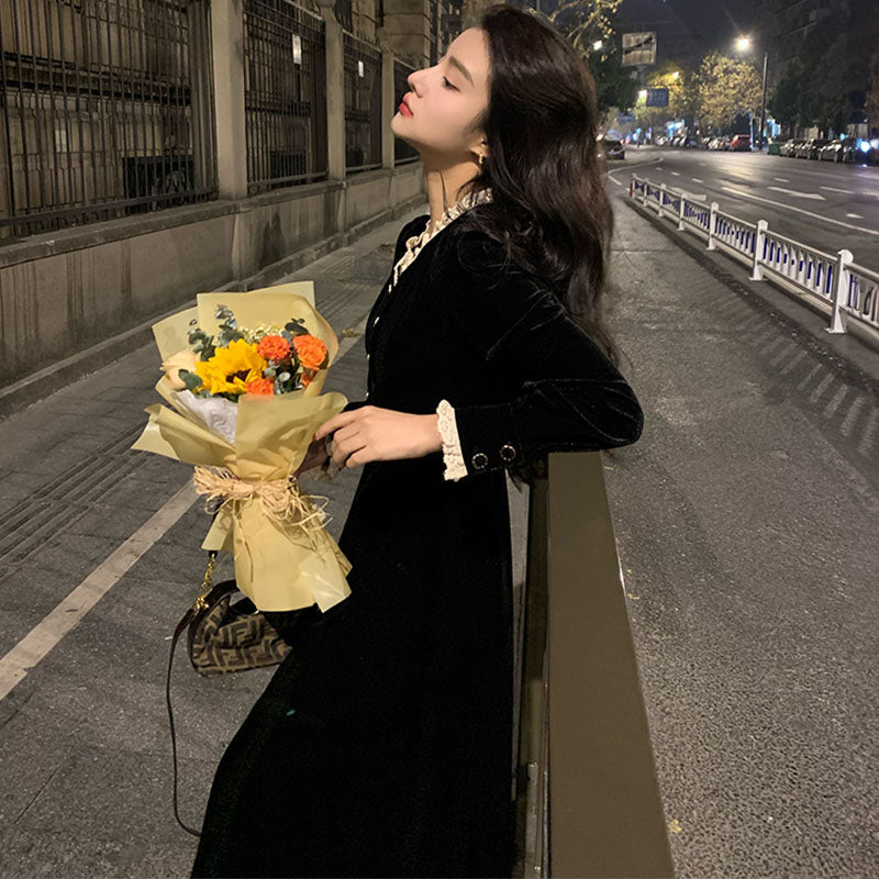 レースコンビフロントボタンベロアロングワンピース