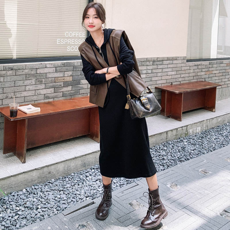 フーディーワンピース×ワイドレザーベスト