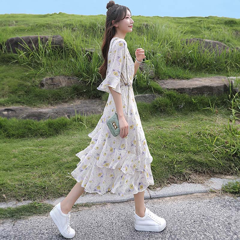 Vネックシフォンフラワーワンピース