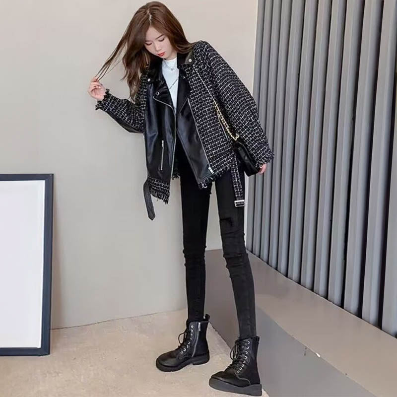 レザーコンビツイードオーバージャケット