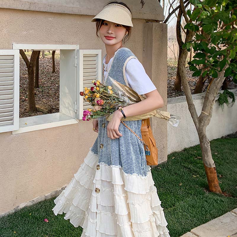 Tシャツ×裾フリルティアードノースリーブワンピース ツーピース