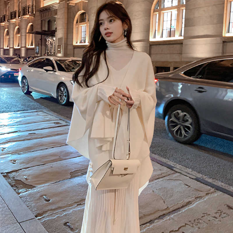 ウエストリボン付きポンチョニットカーディガン