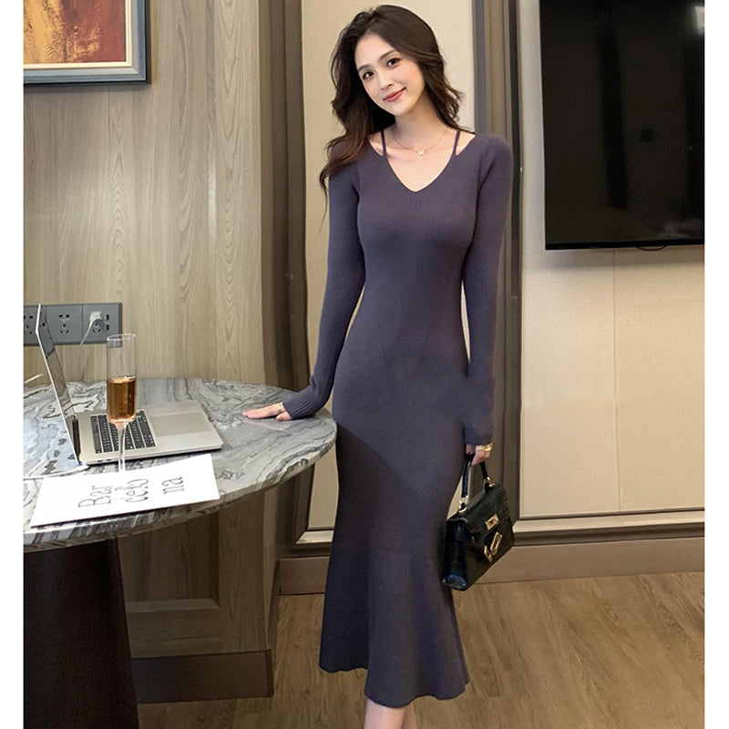Vネックタイトニットワンピース(5colors)