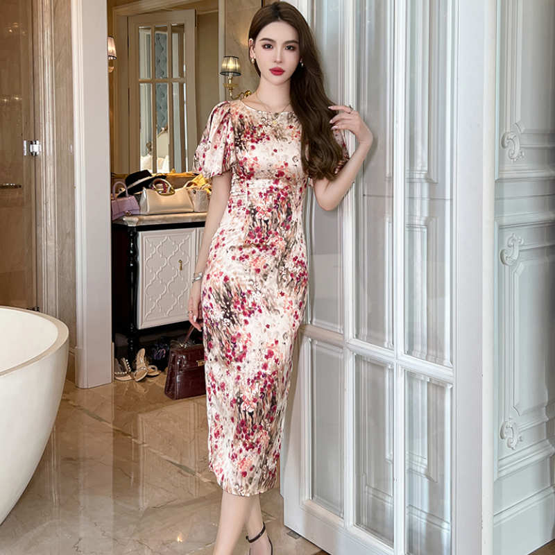 ウォータープリント花柄フレアスリーブタイトワンピース(2colors)