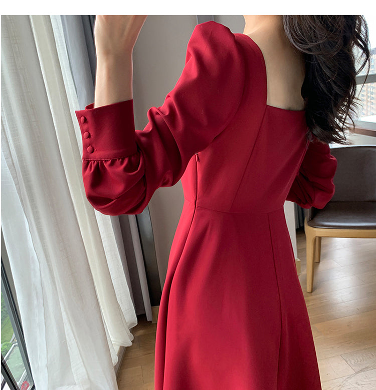 バックオープンスクエアネックレッドロングワンピース