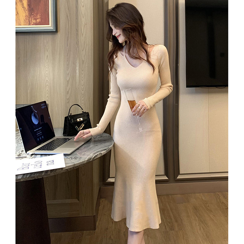 Vネックタイトニットワンピース(5colors)