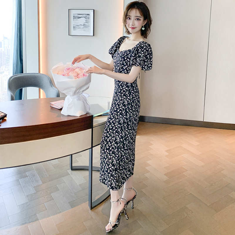 ハートネック小花柄バルーンスリーブマキシワンピース