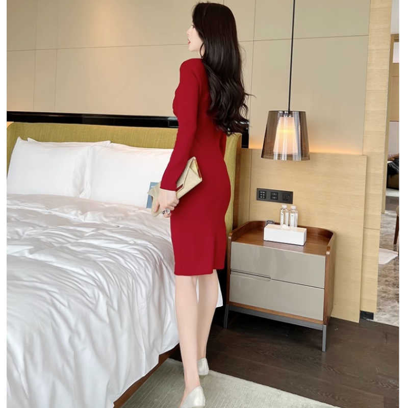 ハートネックカシュクールサイドスリットワンピース(3colors)