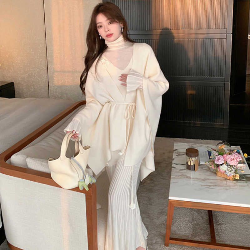 ウエストリボン付きポンチョニットカーディガン