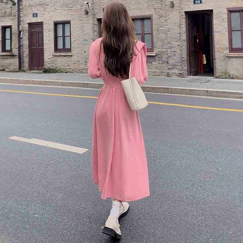 ピンクスウェット長袖Aラインワンピース