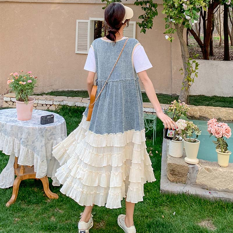 Tシャツ×裾フリルティアードノースリーブワンピース ツーピース