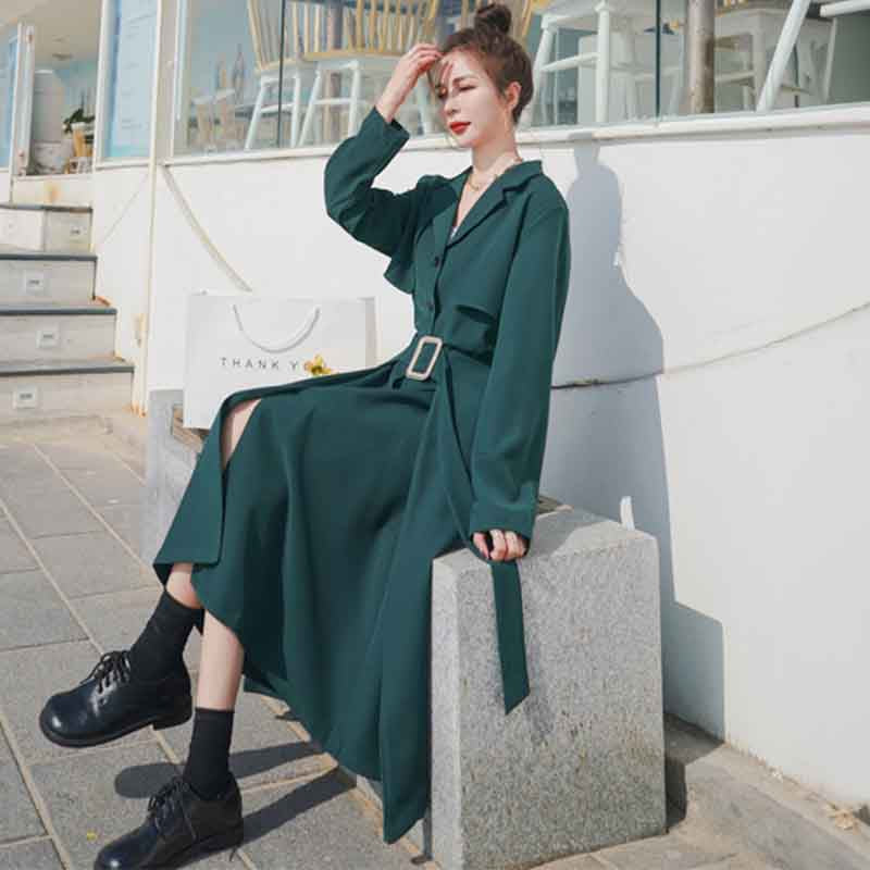 ビンテージ風ベルト付きVネックワンピース(2colors)