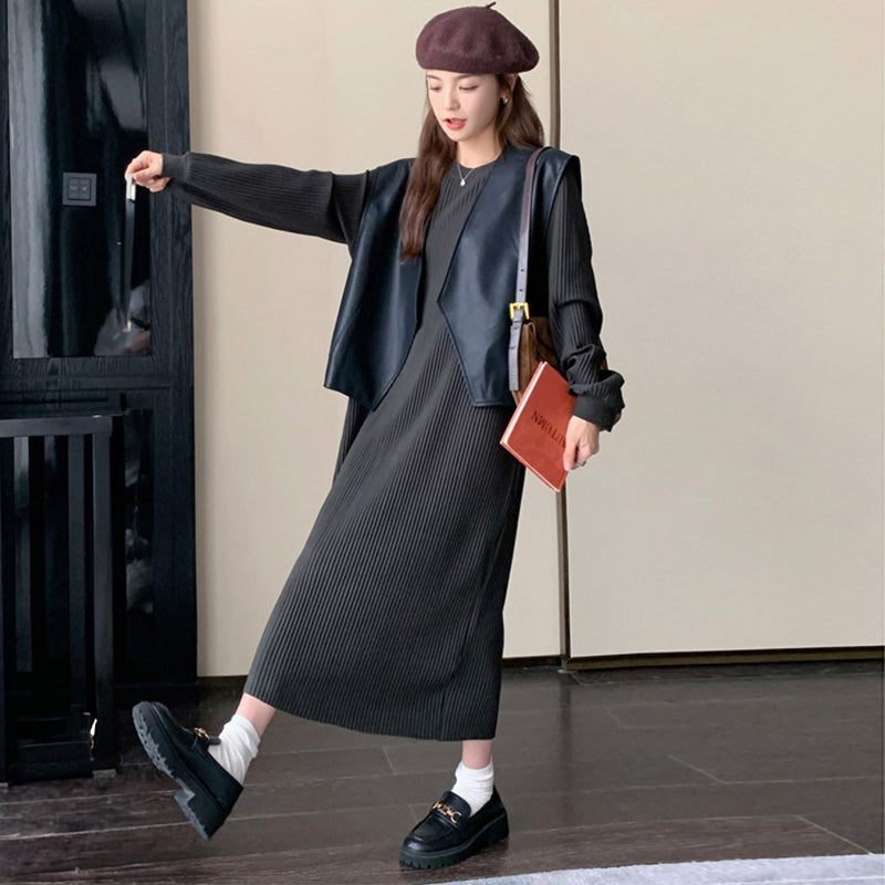 ワイドレザーベスト×リブニットワンピース