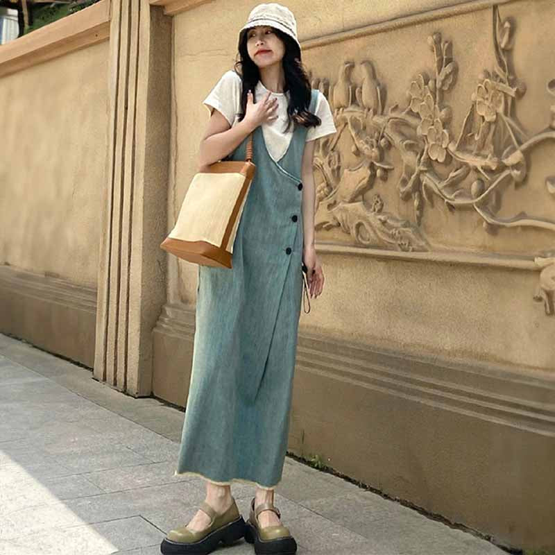 サイドタックデニムサロペットスカート