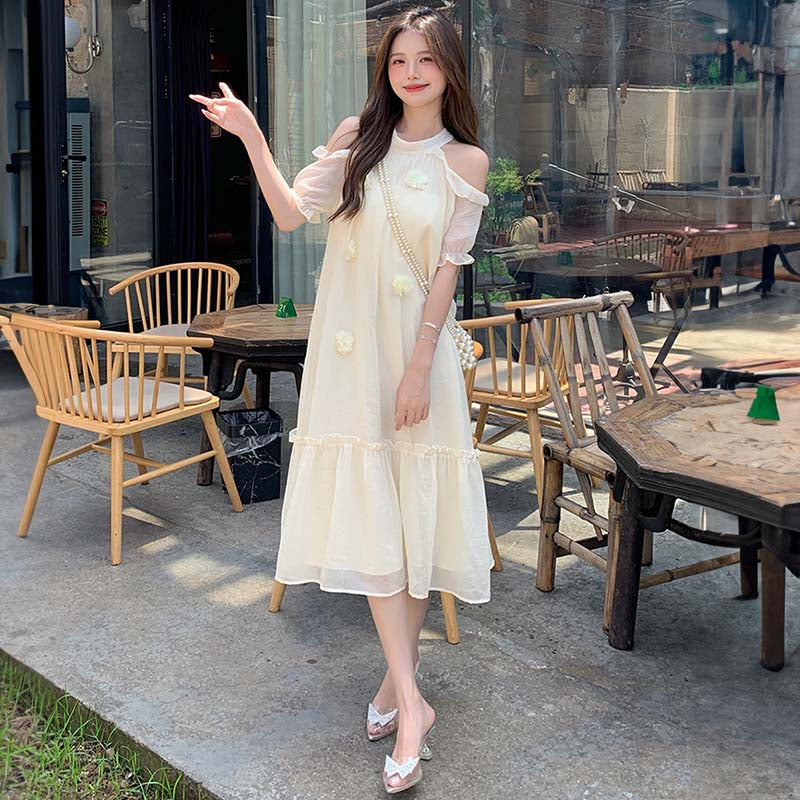 オープンショルダーシフォンワンピース