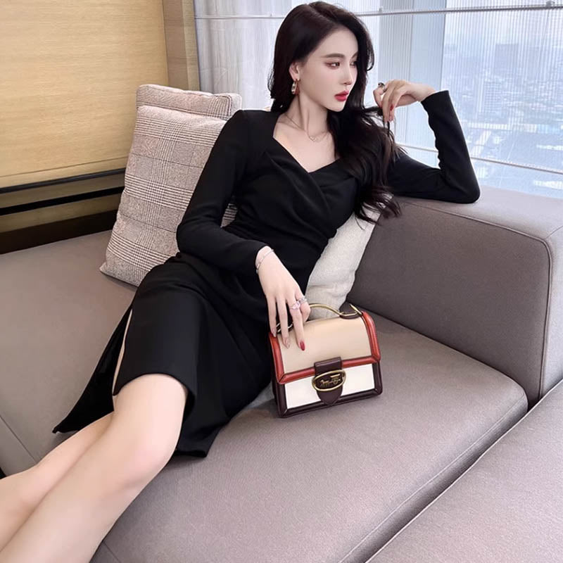 ハートネックカシュクールサイドスリットワンピース(3colors)