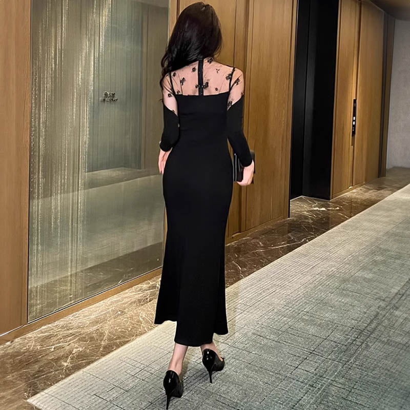 花柄シアーコンビマーメイドマキシワンピース