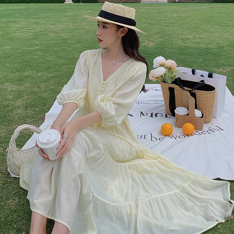 Vネックティアードワンピース