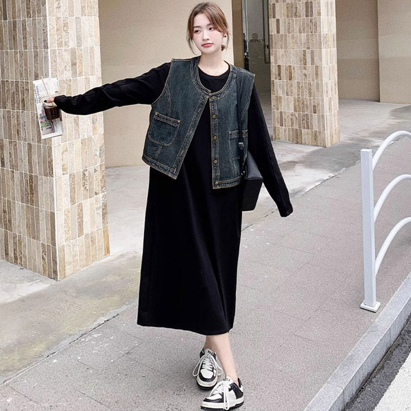 デニムベスト×マキシTシャツワンピース
