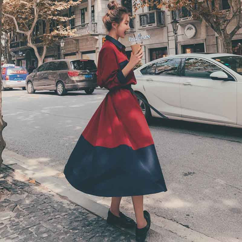 レッド×ネイビーバイカラーAラインワンピース