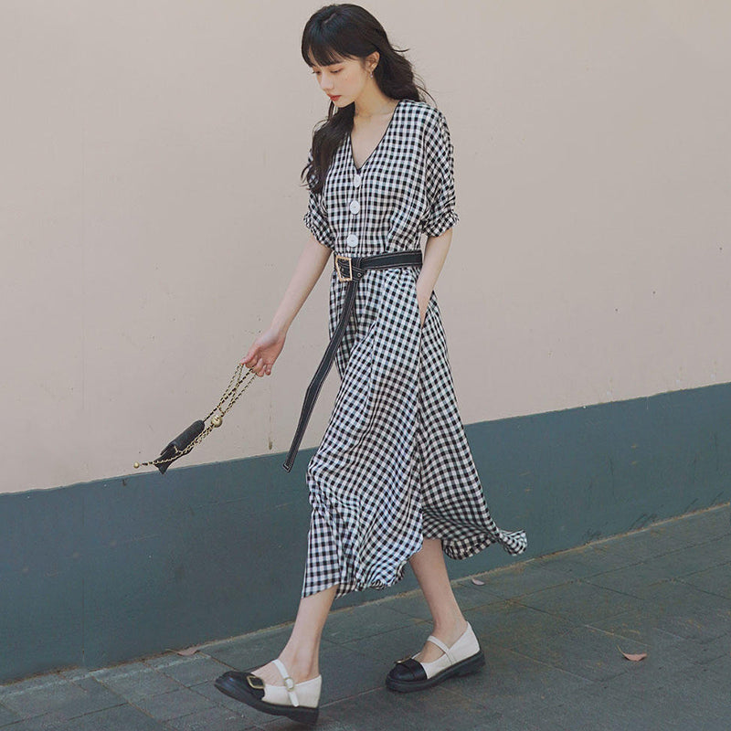 ビッグフロントボタンギンガムチェックマキシワンピース