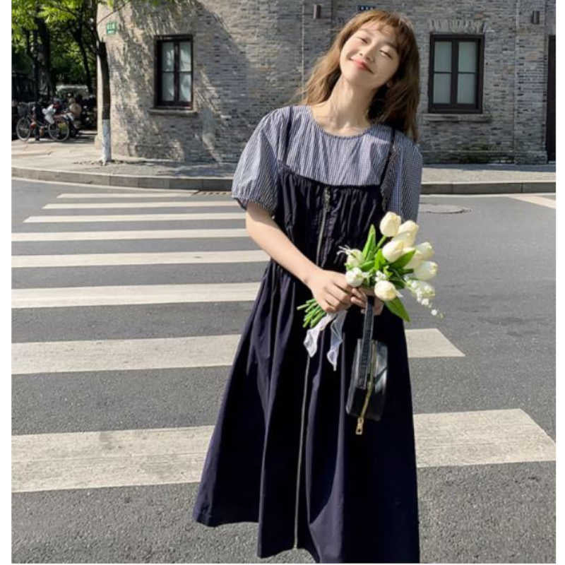 ギンガムチェックブラウスコンビフロントジッパーワンピース