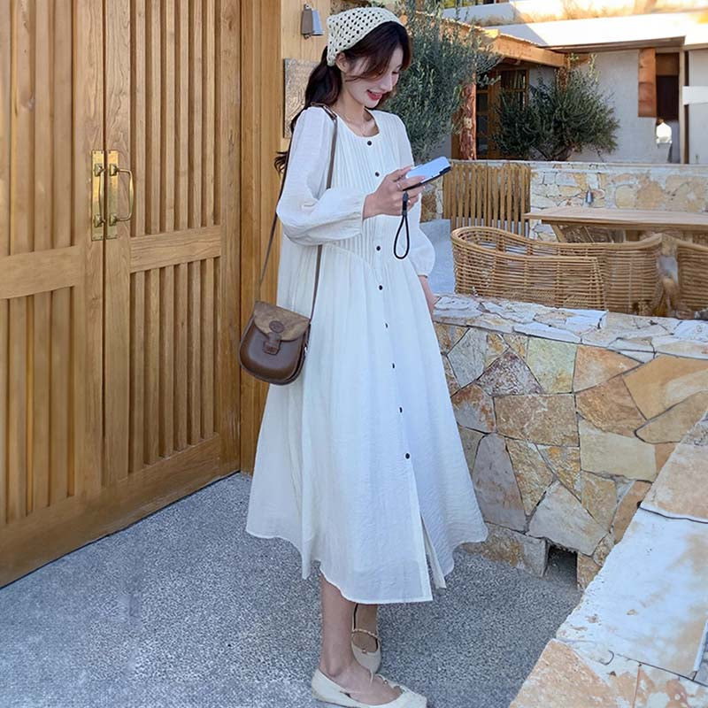 フロントボタンプリーツロングワンピース