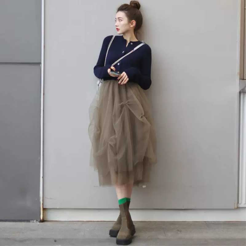 リブニットカーディガン×チュールスカート