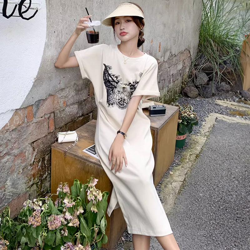 レースプリントゆるTシャツワンピース