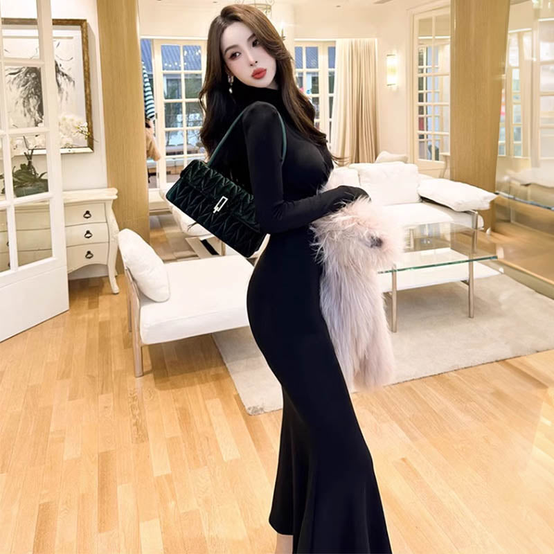 【即納】ハイネックツイストマーメイドニットワンピース