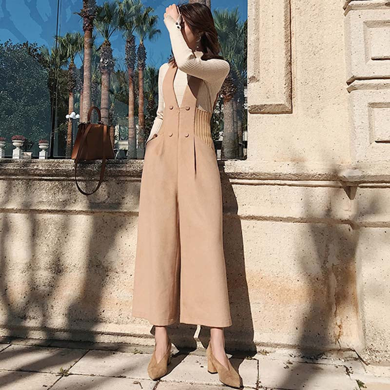 スリット入りハイネックリブニット×Vネックリブウエストサロペットパンツ(2colors)