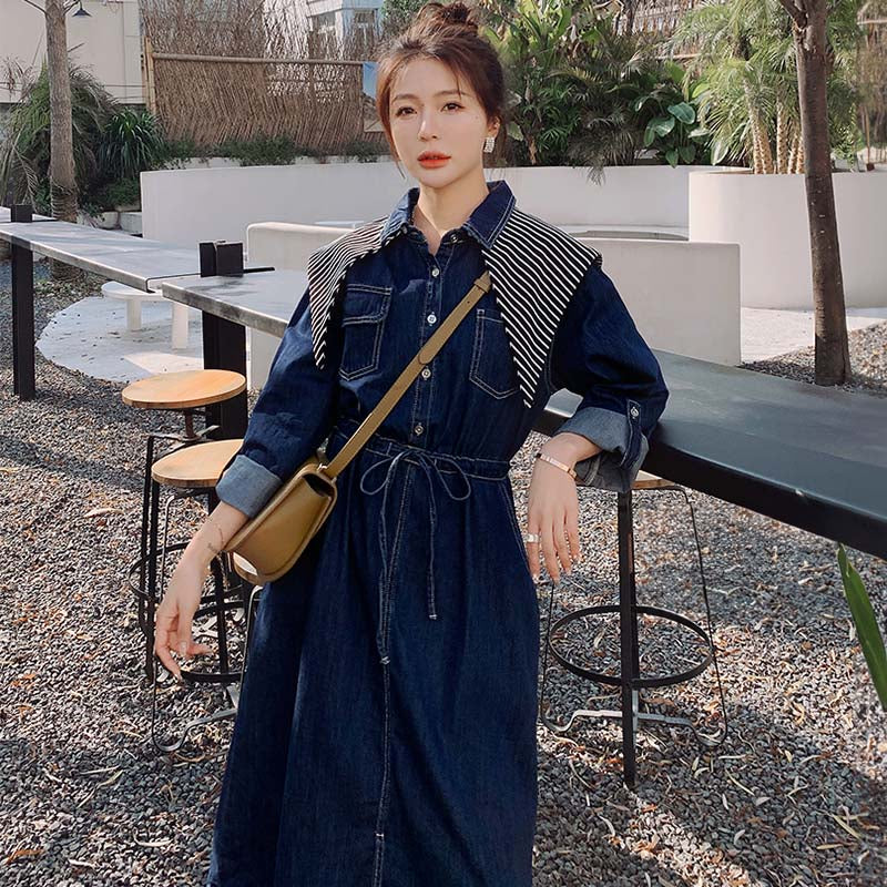 ストライプスカーフ付きデニムワンピース