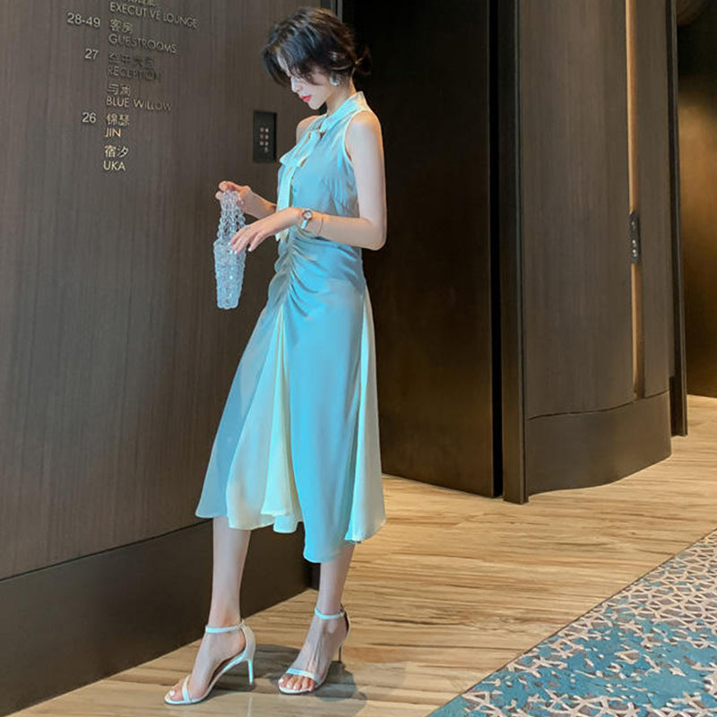 ボウタイフロントギャザーバイカラーワンピース