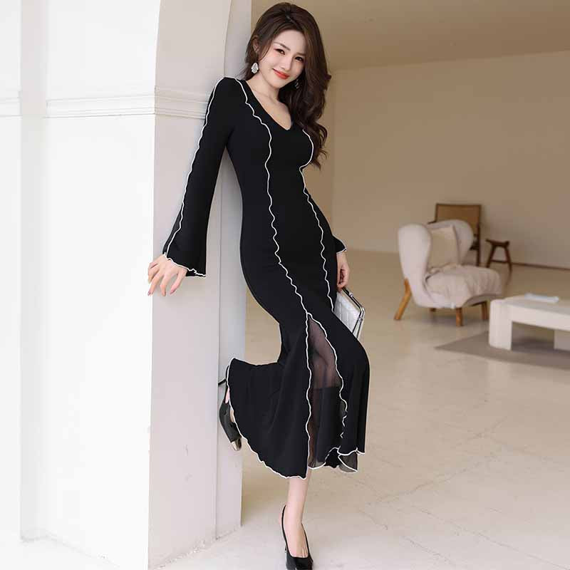 ライン入りフィッシュテールスカートワンピース