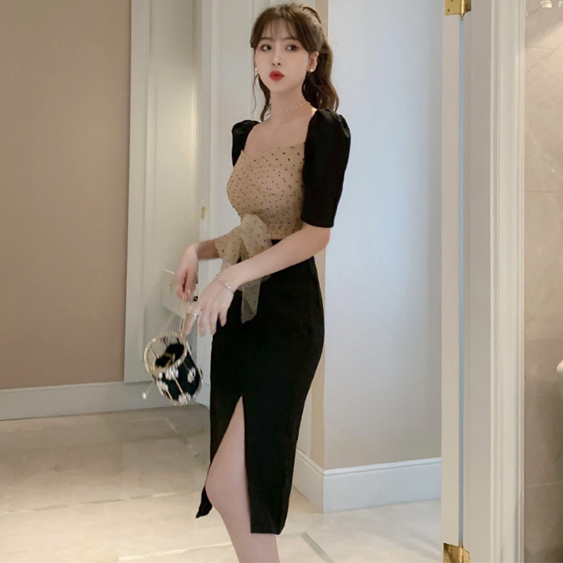 ドットチュールコンビスリットタイトワンピース