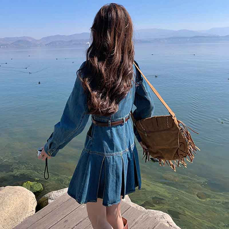 裾プリーツデニムワンピース