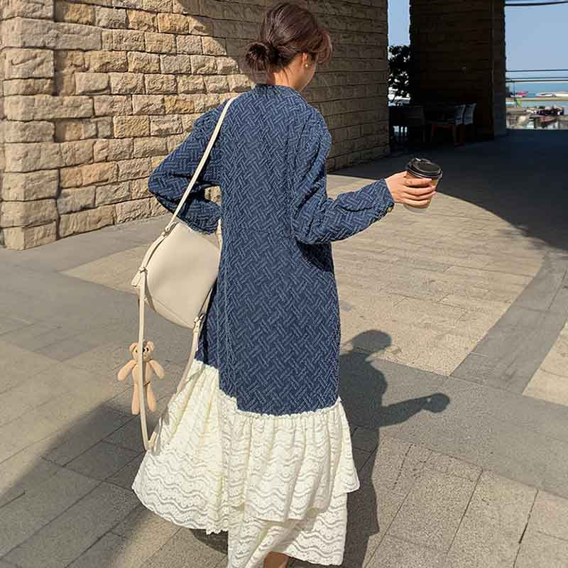 ジャガードデニム×レースティアードロングワンピース