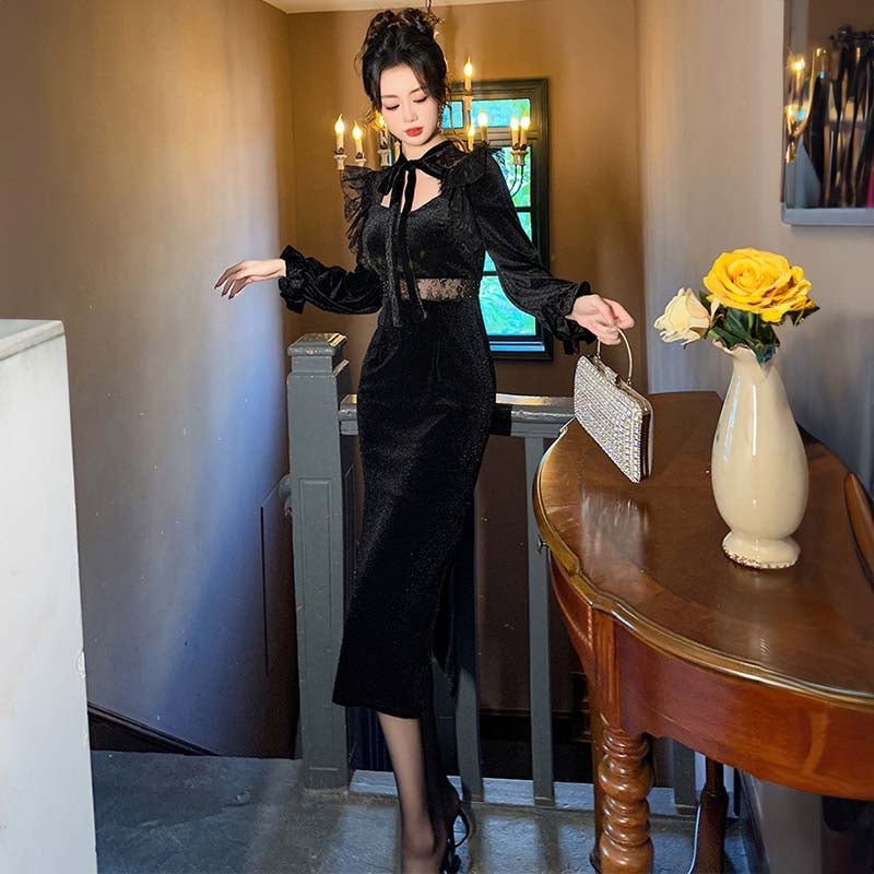 ウエストコンシャスボウタイベロアワンピース