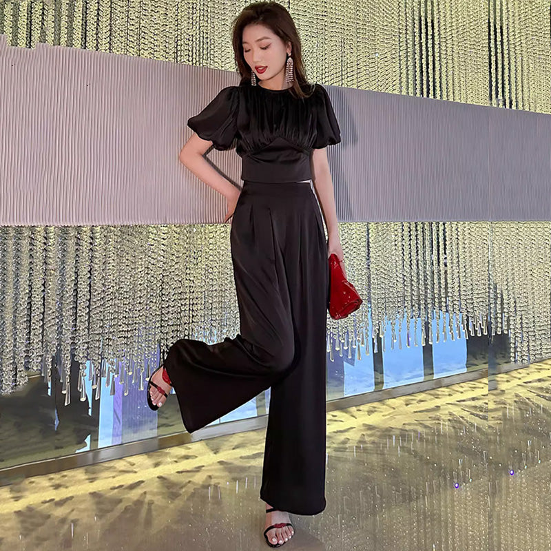 バルーンギャザートップ×ワイドストレートパンツ(2colors)