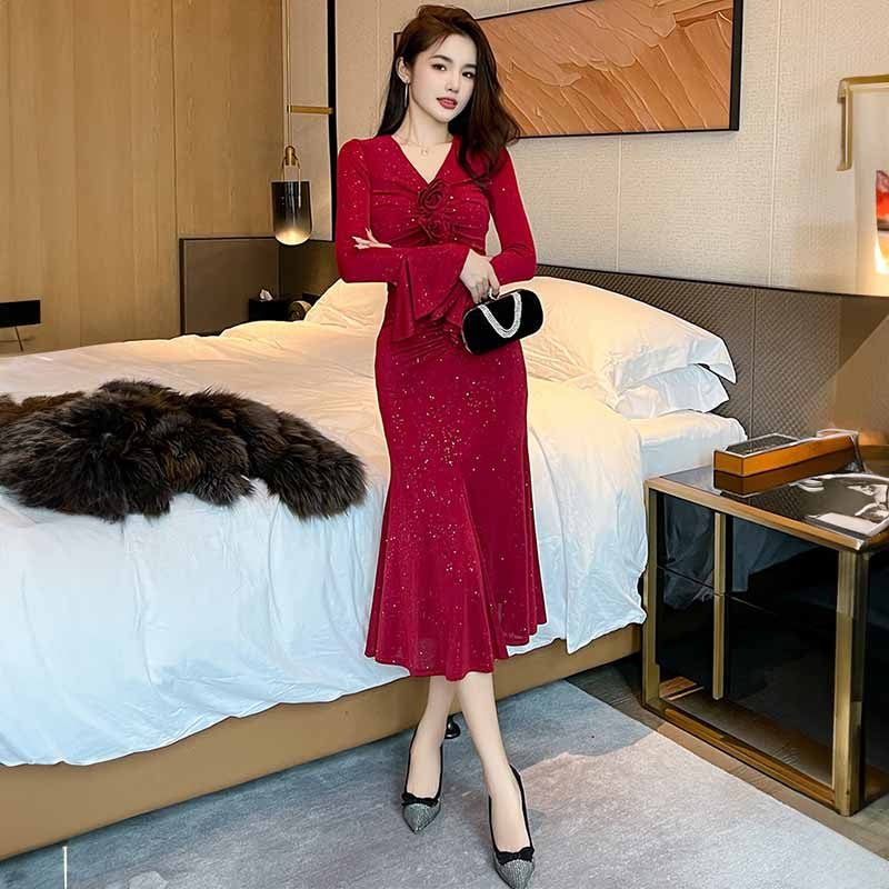 ローズモチーフフロントシャーリングマーメイドワンピース